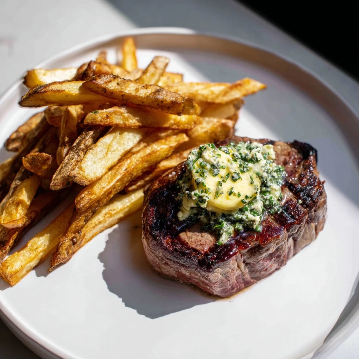 Perfectly seared Steakhouse Garlic Butter Steak & Fries, the tender steak complemented by crispy potatoes and herbed butter.
