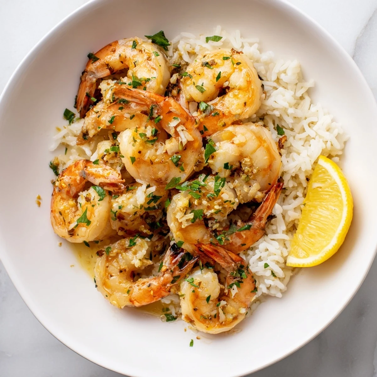 Golden garlic butter shrimp rice bowl, with plump, glistening shrimp and fluffy white rice, delicious!