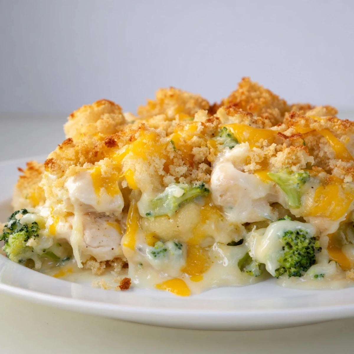 Cheddar Broccoli Chicken Bake bubbling hot from the oven with a crispy, golden cheese topping.