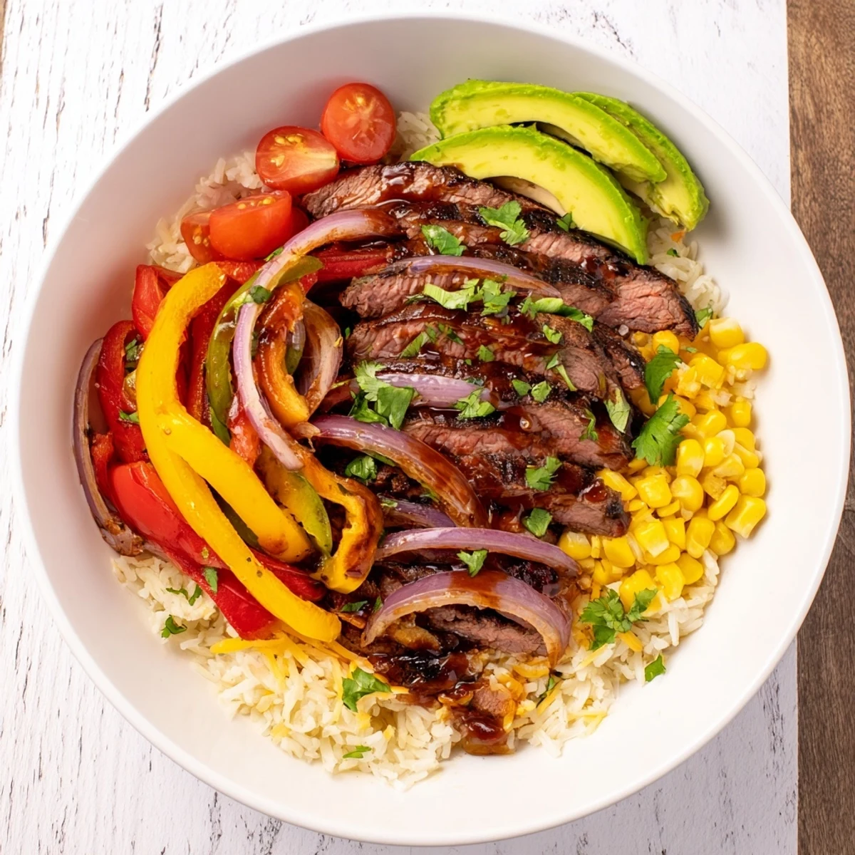 Smoky grilled steak and colorful peppers feature in this tempting BBQ Steak Fajita Bowl.