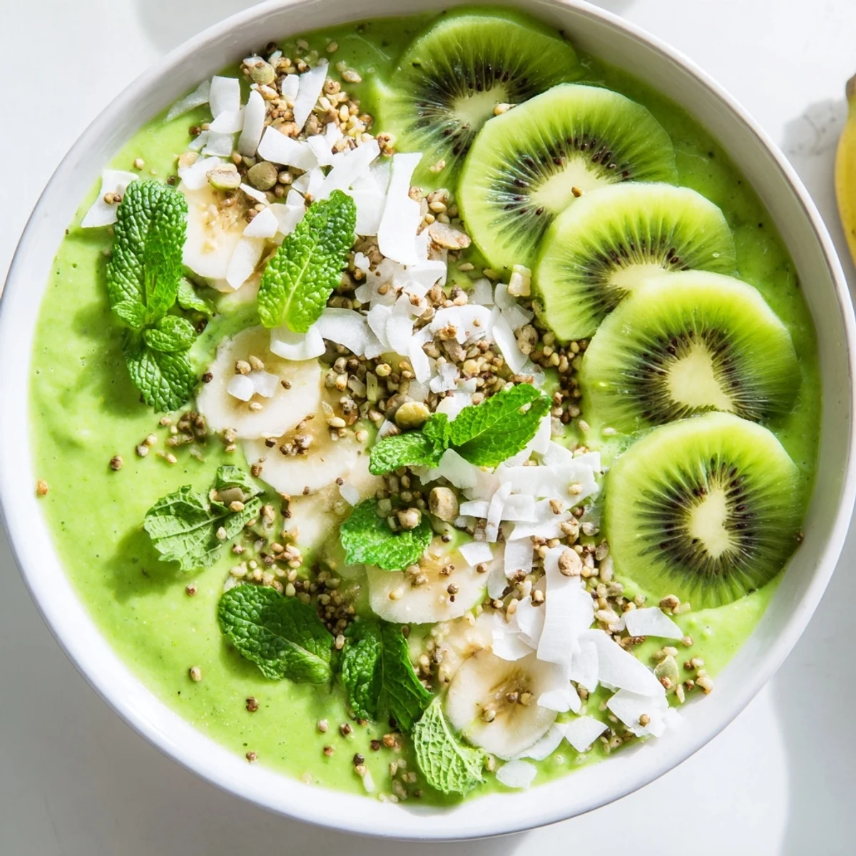Creamy green smoothie bowl with kale, kiwi, and avocado, garnished with hemp seeds and fresh slices.