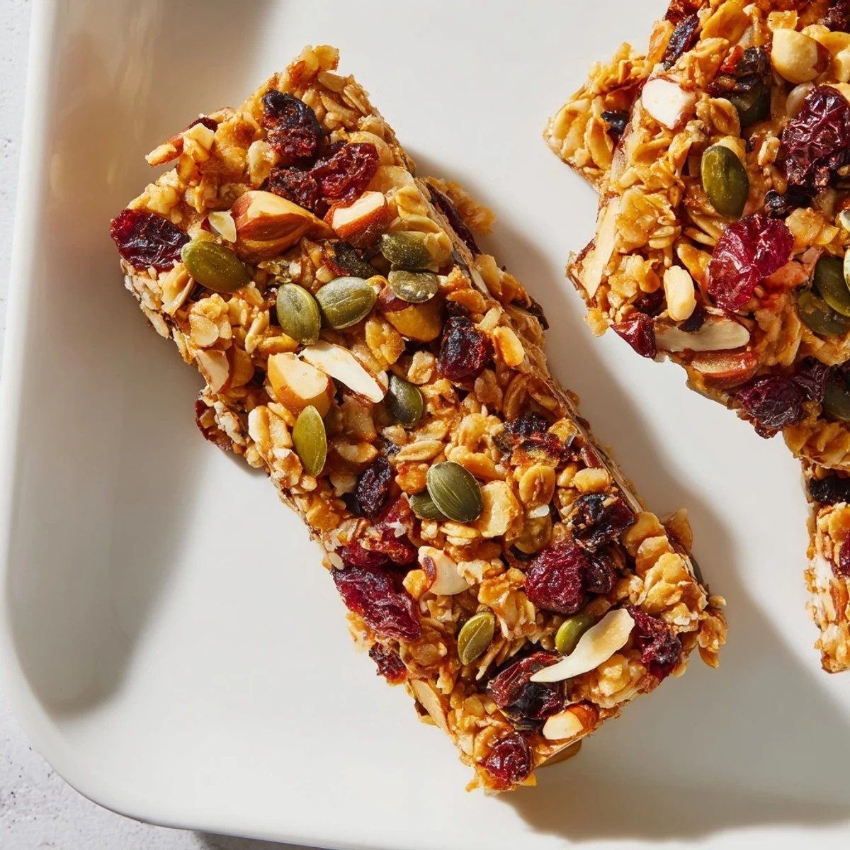 Golden brown Roasted Pumpkin Seed & Cranberry Granola Bars, perfect for a grab-and-go breakfast bite.