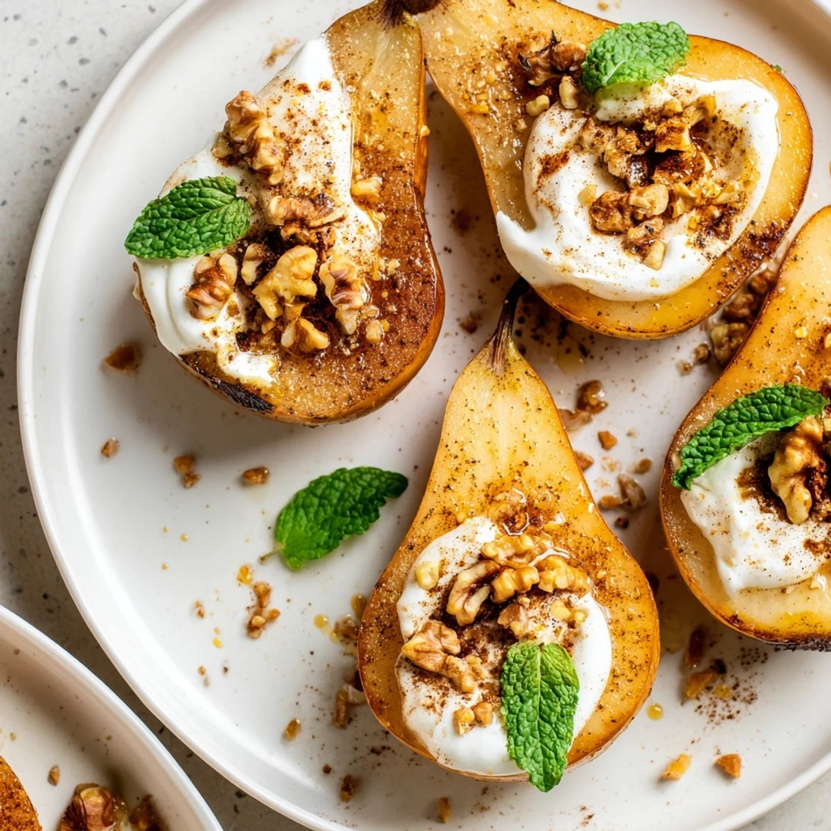 Warm, caramelized Roasted Pears with cinnamon, walnuts, and creamy Greek yogurt—a beautiful dessert.