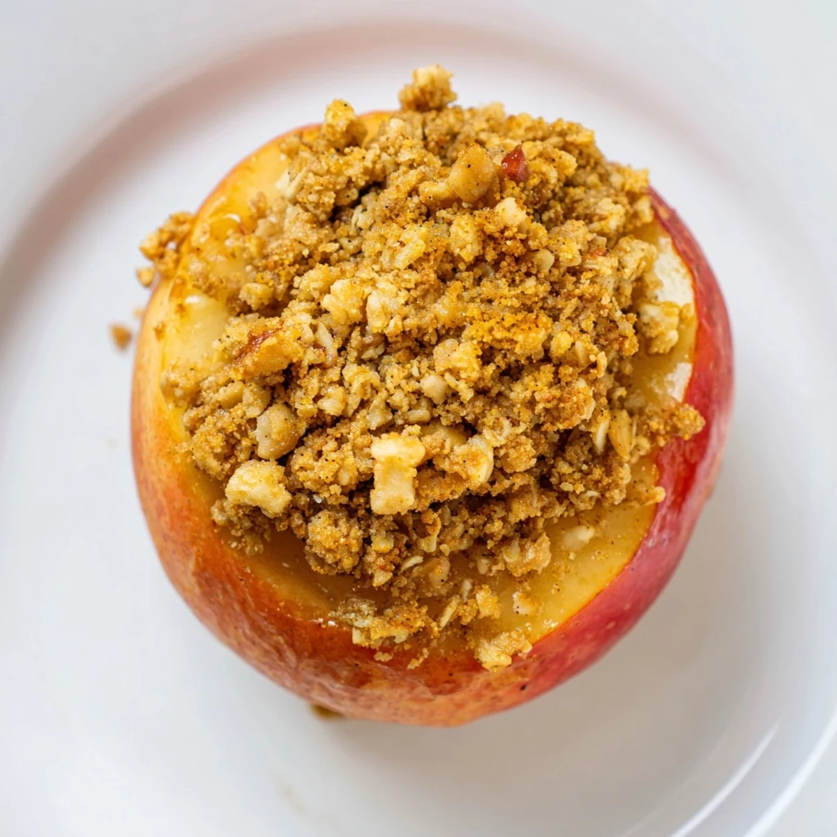 Enjoy a close-up of delicious Baked Apples with Oat-Nut Crumble, baked to golden, bubbly perfection.