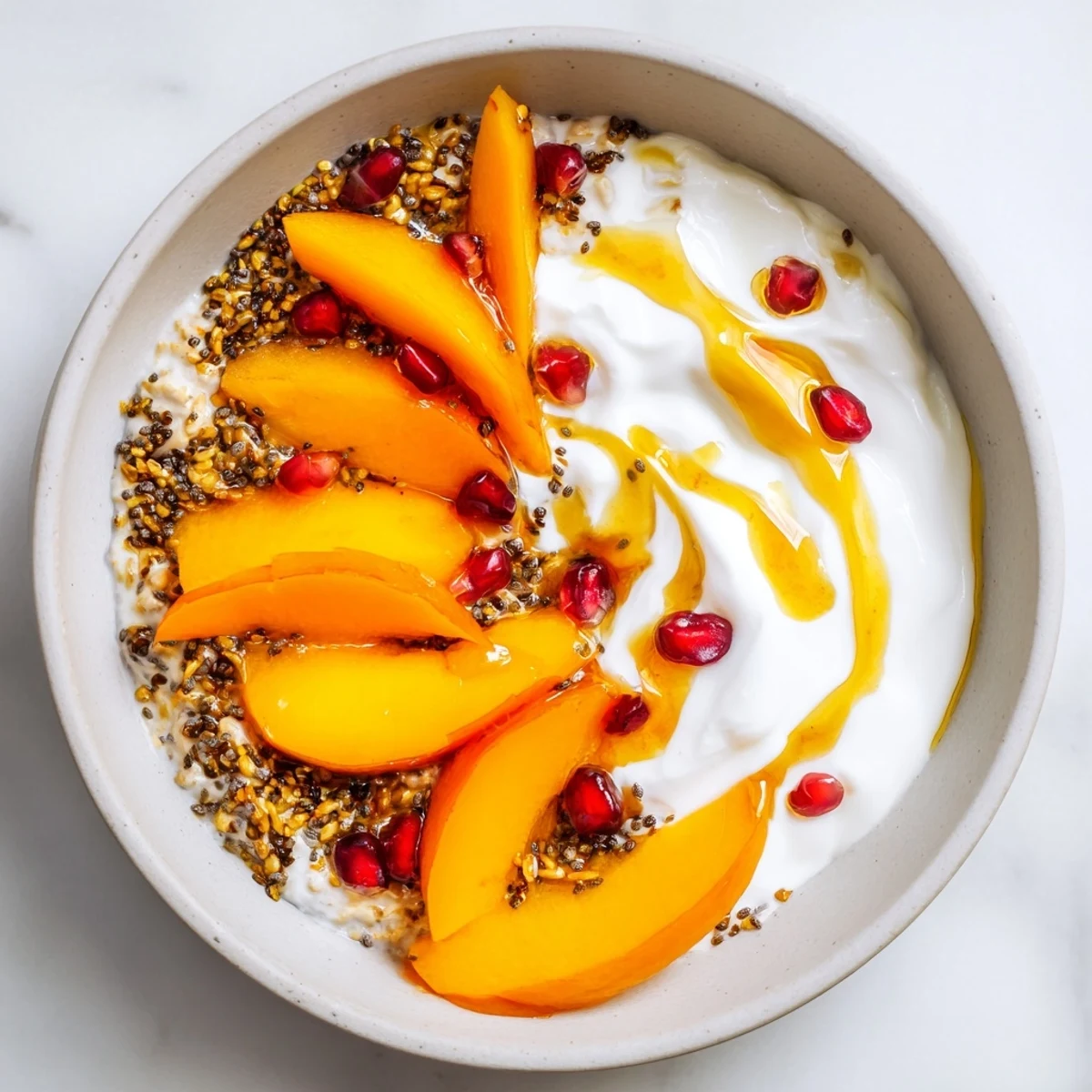 Freshly layered Overnight Oats with Persimmon, featuring vibrant red pomegranate seeds and chia.