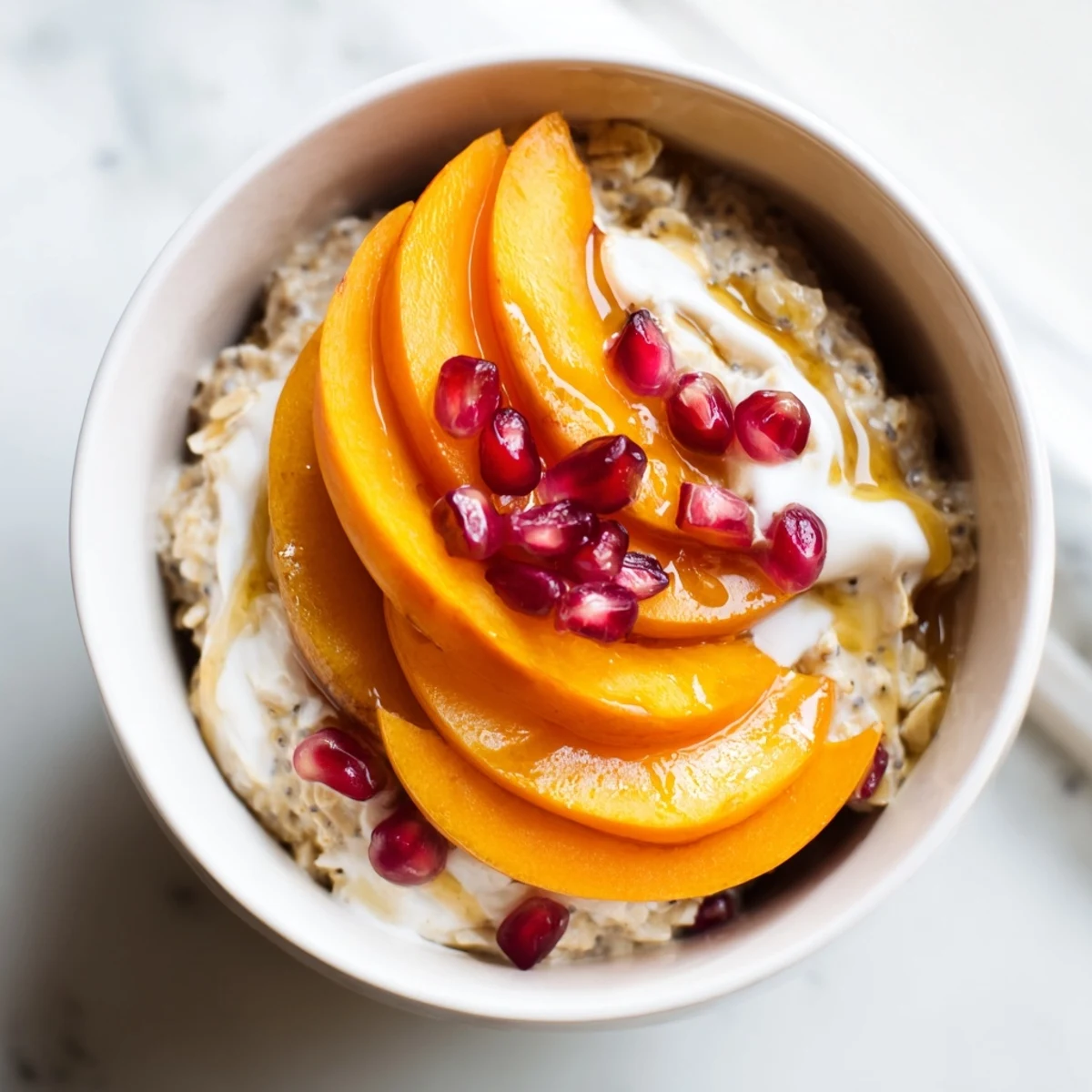 A close-up of chilled Overnight Oats with Persimmon, ready to eat with a drizzle of honey.
