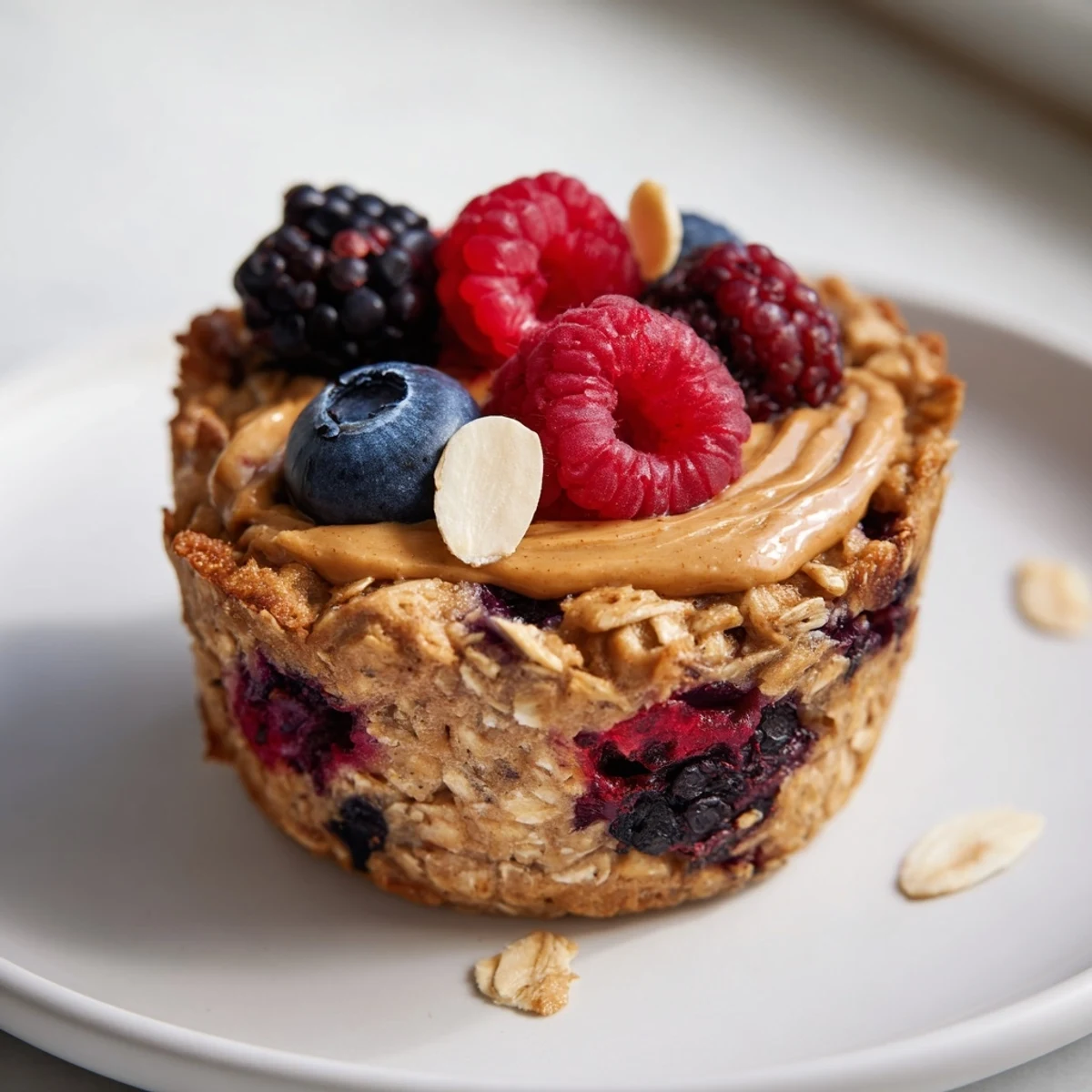 Golden-baked oatmeal cups with juicy winter berries, drizzled almond butter, ready for a hearty breakfast.