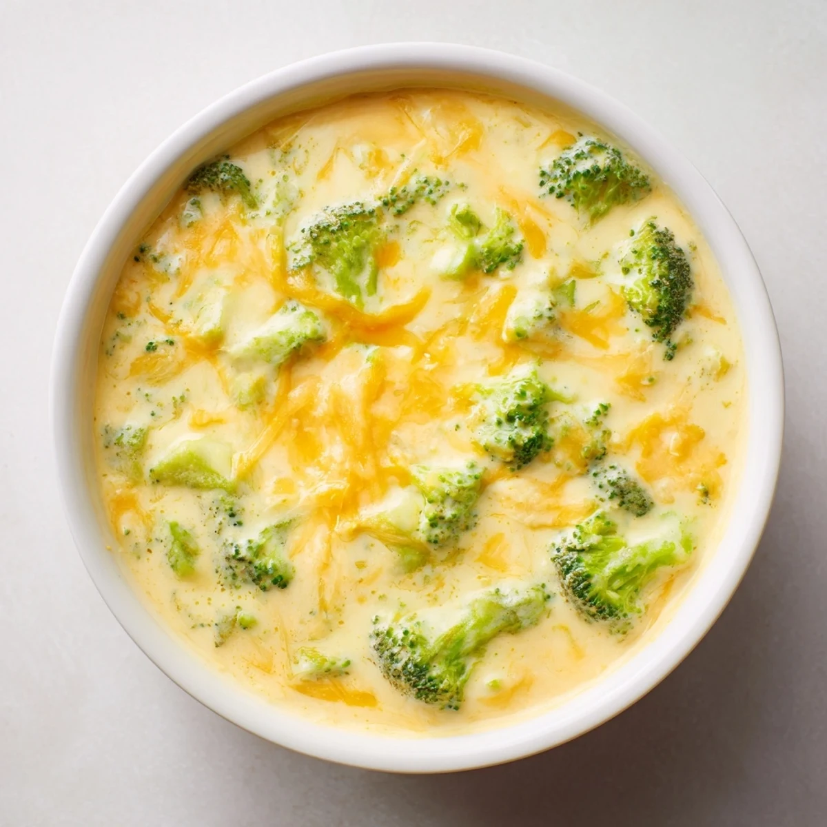 Steaming hot bowl of Broccoli Cheese Soup with melted cheddar, perfect for a cozy dinner.