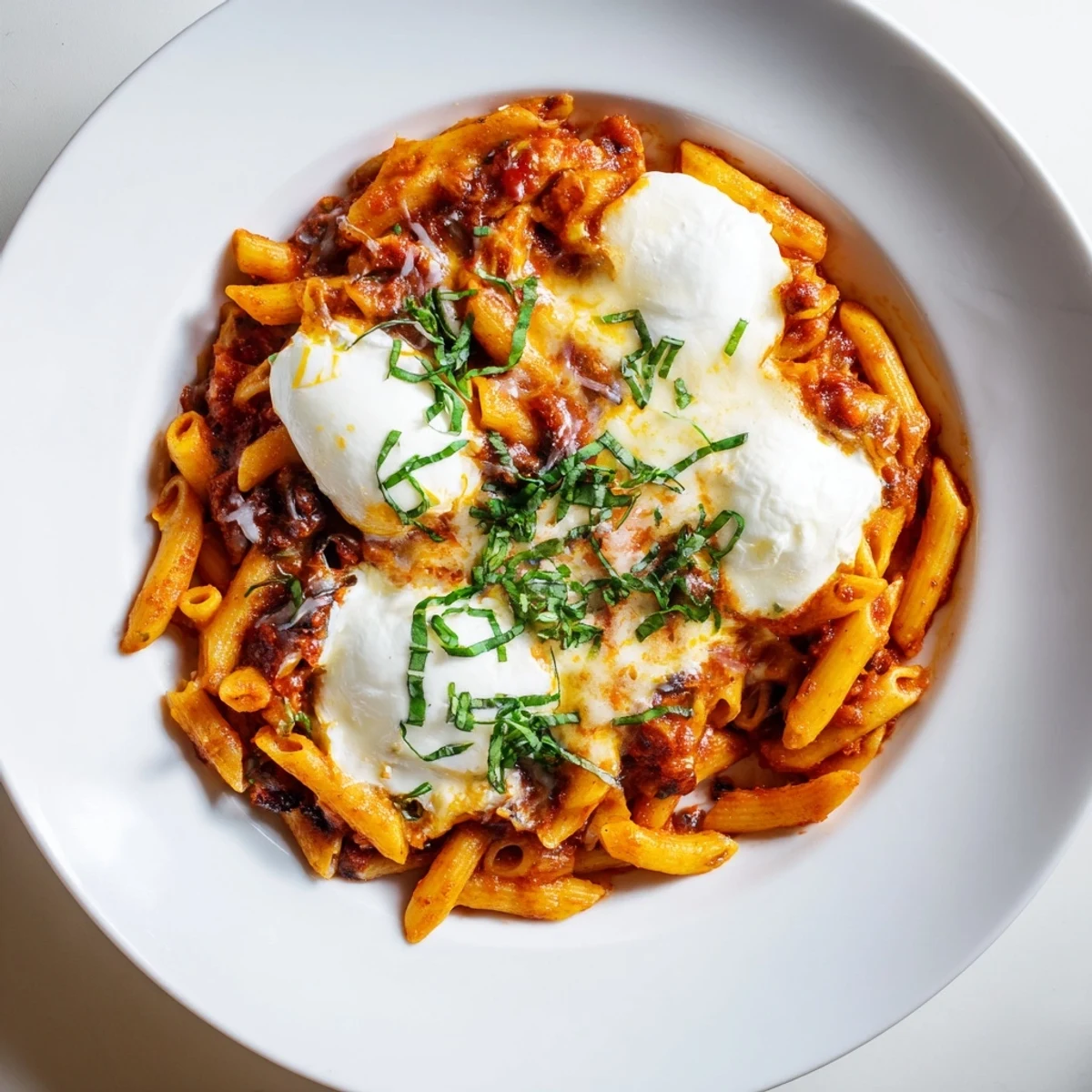 A close-up of cheesy one-pan baked ziti, showing tender pasta and rich tomato sauce.