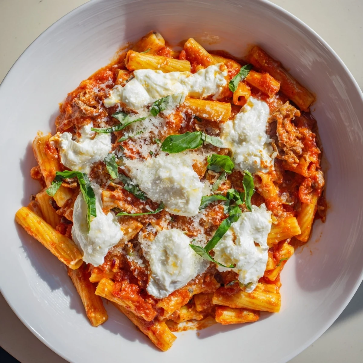 Steaming hot one-pan baked ziti with bubbly mozzarella and a sprinkle of fresh basil.