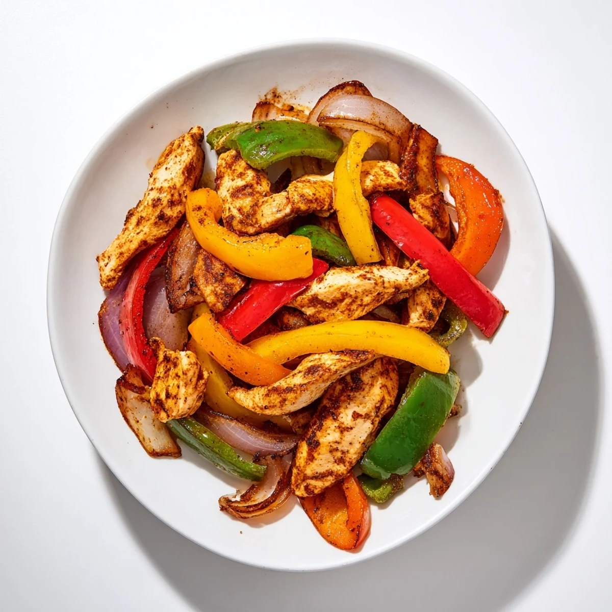 Sheet-pan chicken fajitas with sizzling peppers and onions, ready to be wrapped in a warm tortilla.