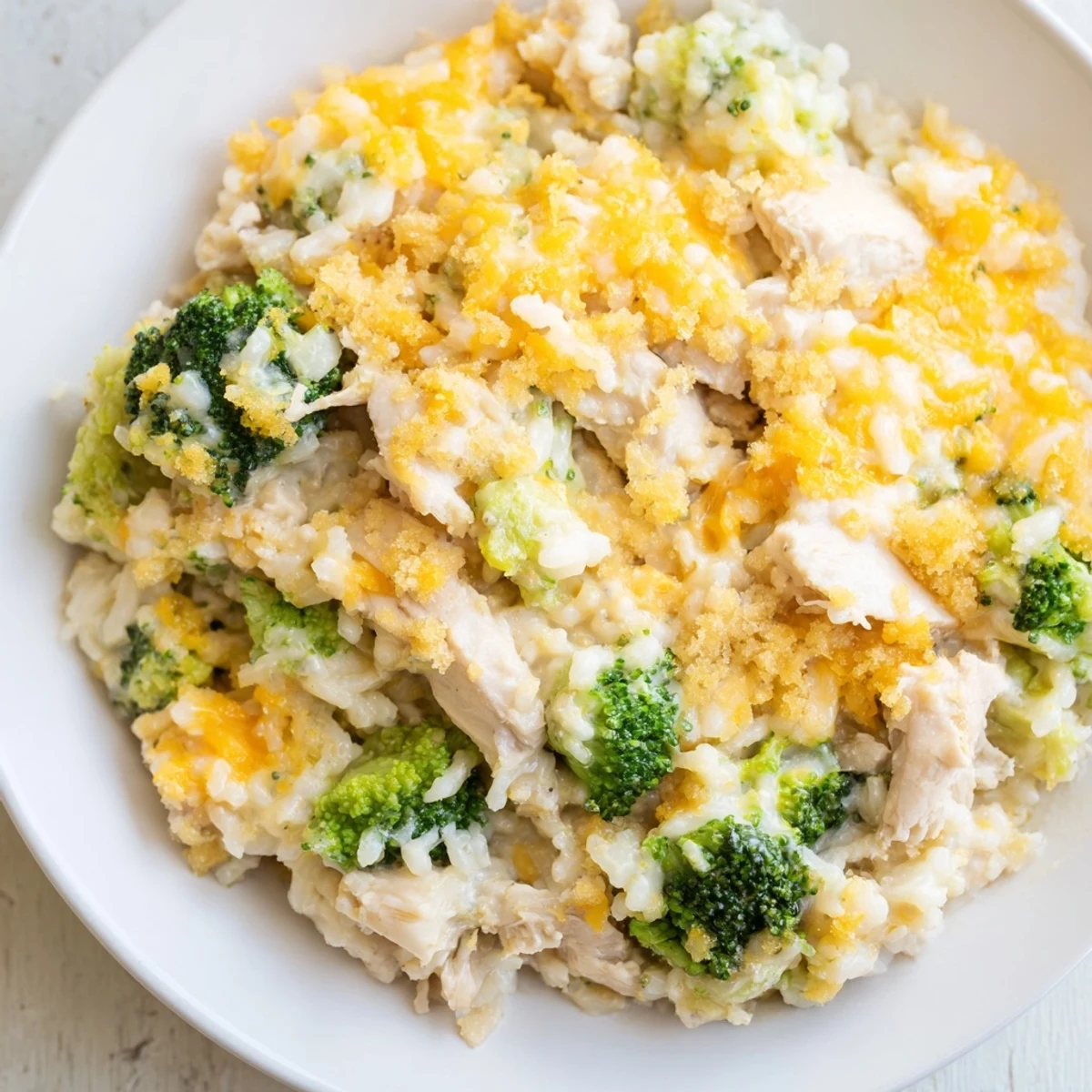 Warm, bubbly Chicken & Broccoli Rice Casserole, a comforting weeknight meal with golden cheese topping.