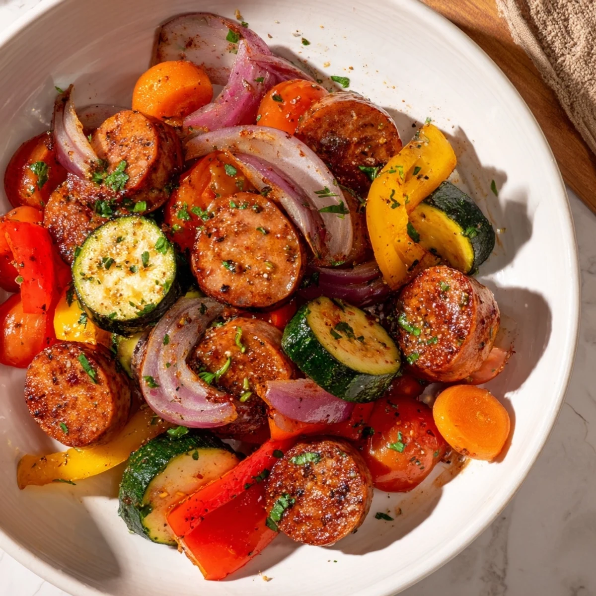Golden Sheet-Pan Roasted Veggies & Sausage, perfectly cooked with tender veggies and savory sausage.