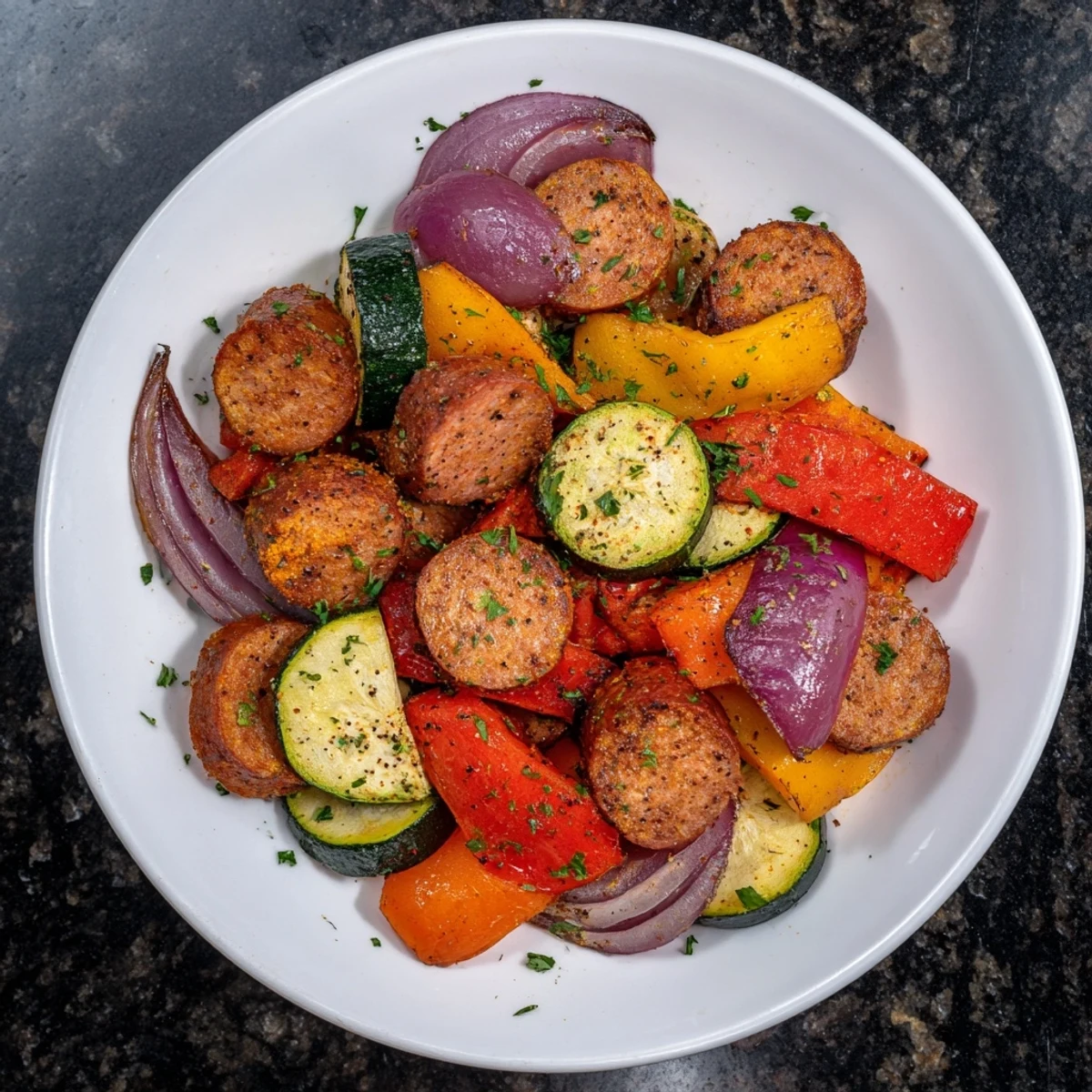 A delicious close-up of sheet-pan Roasted Veggies & Sausage, with roasted tomatoes served fresh.