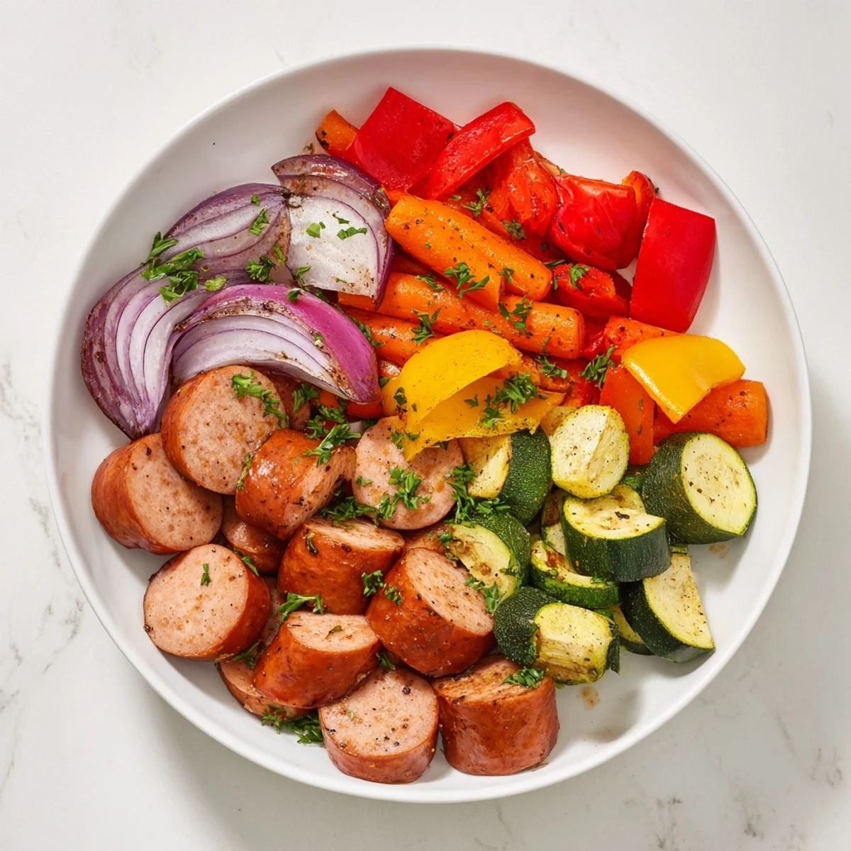 Sizzling sheet-pan with colorful Sheet-Pan Roasted Veggies & Sausage, ready for a flavorful dinner.