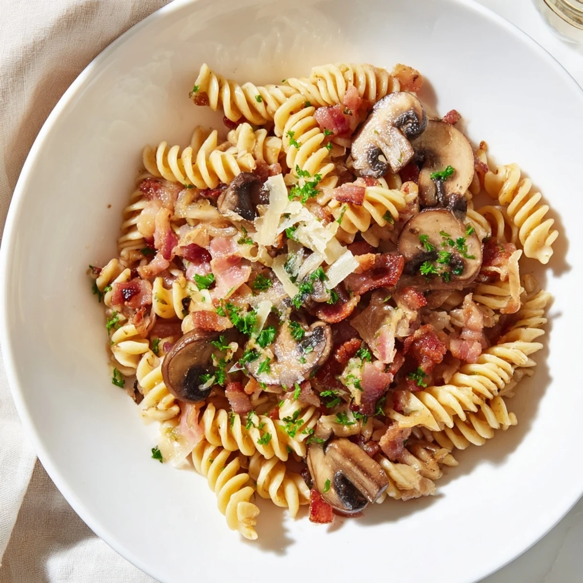 Golden-brown fusilli with bacon and veggies, a delicious Italian-inspired main dish.