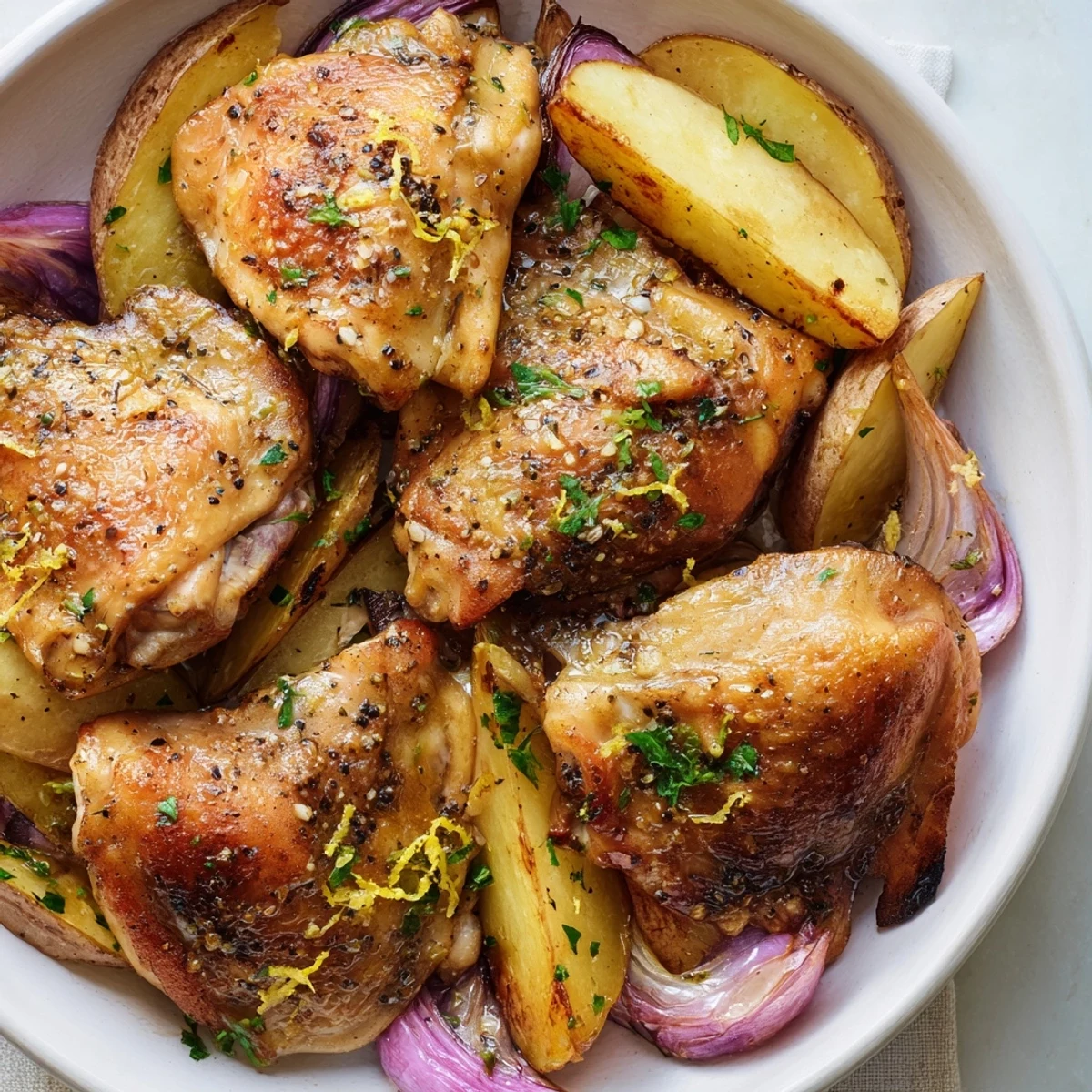 Sheet pan Greek Lemon Chicken and Potatoes, perfectly crisp chicken thighs atop tender wedges, ready to eat.