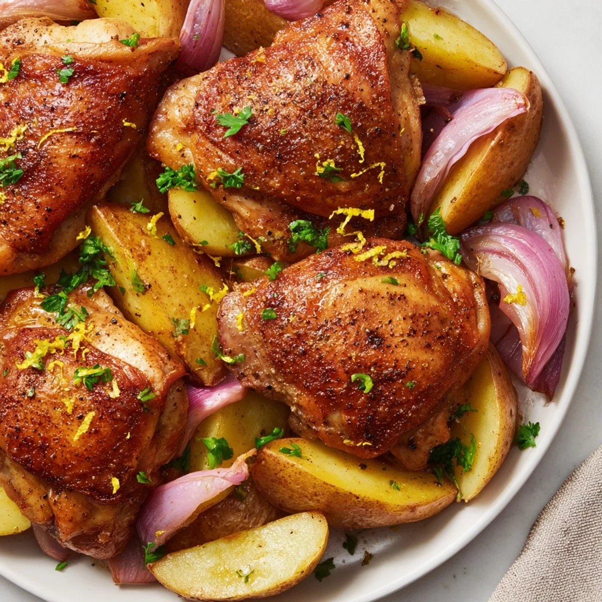 Close-up of baked Greek Lemon Chicken and Potatoes: juicy chicken, herbs, and vibrant lemon, a delicious meal.