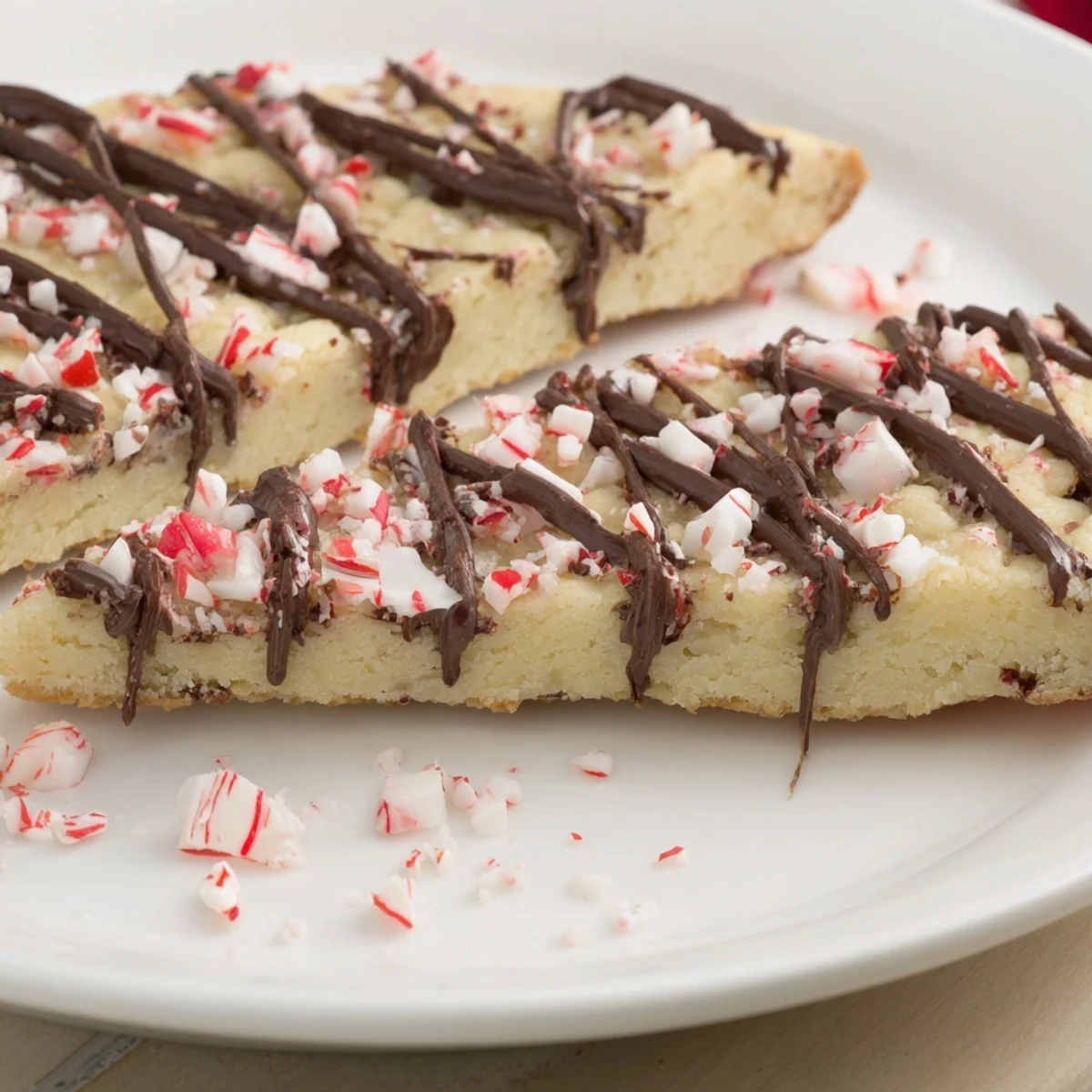 Chocolate Peppermint Shortbread Wedges: Buttery shortbread drizzled with rich chocolate and peppermint candy for the holidays.