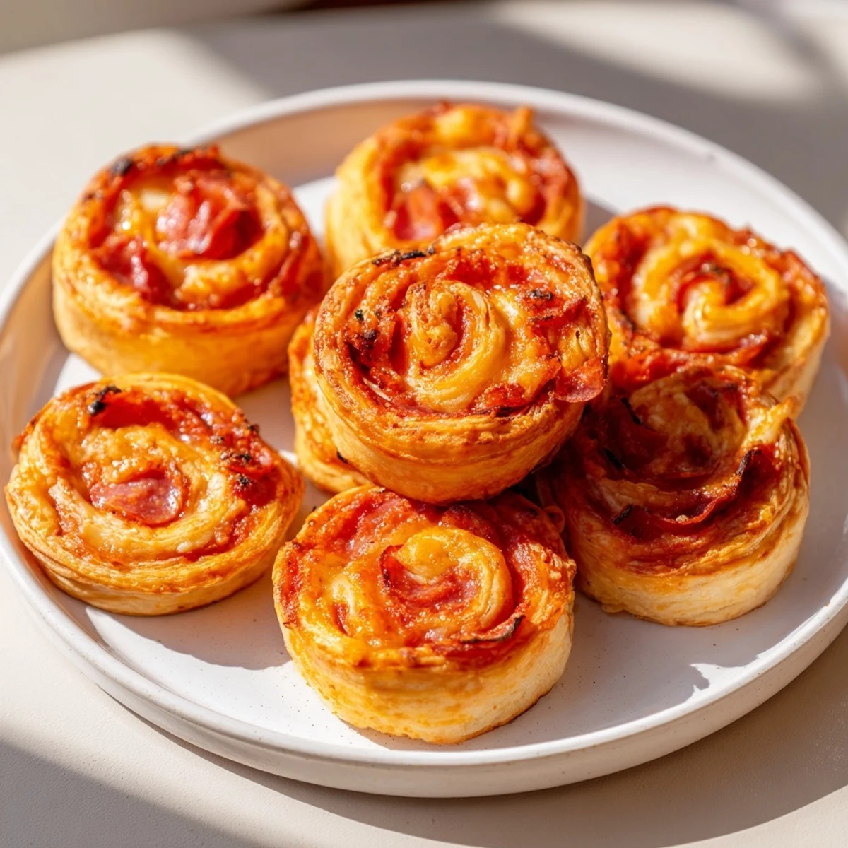 Golden-brown Mini Pepperoni Pizza Pinwheels, oozing cheese, arranged on a baking sheet, ready to eat.