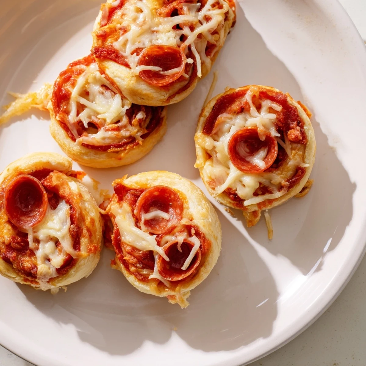 Close-up of baked Mini Pepperoni Pizza Pinwheels with crispy edges, inviting you to take a bite.