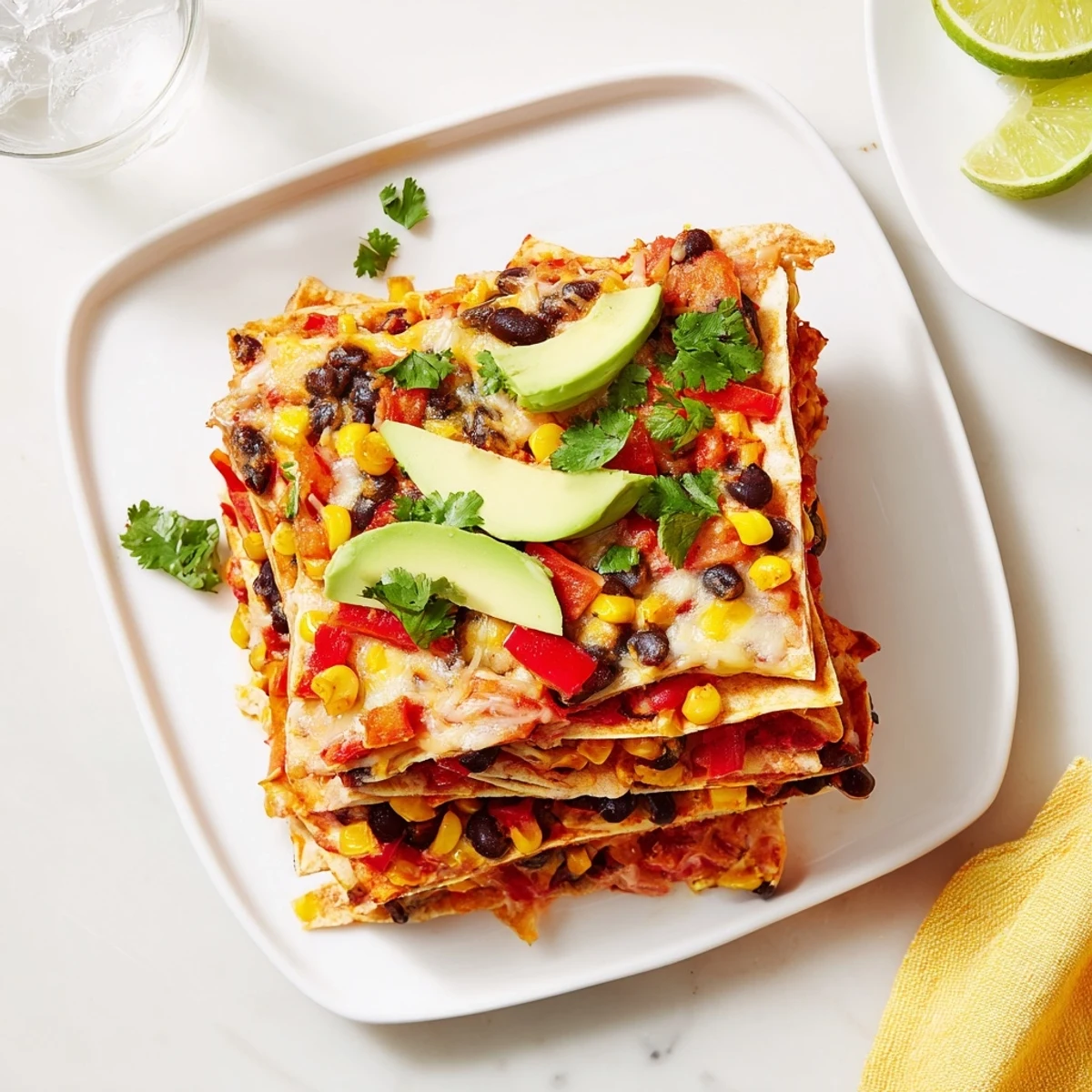 Quick Black Bean and Corn Tortilla Casserole: a bubbly, cheesy bake featuring layers of flavorful Mexican ingredients.