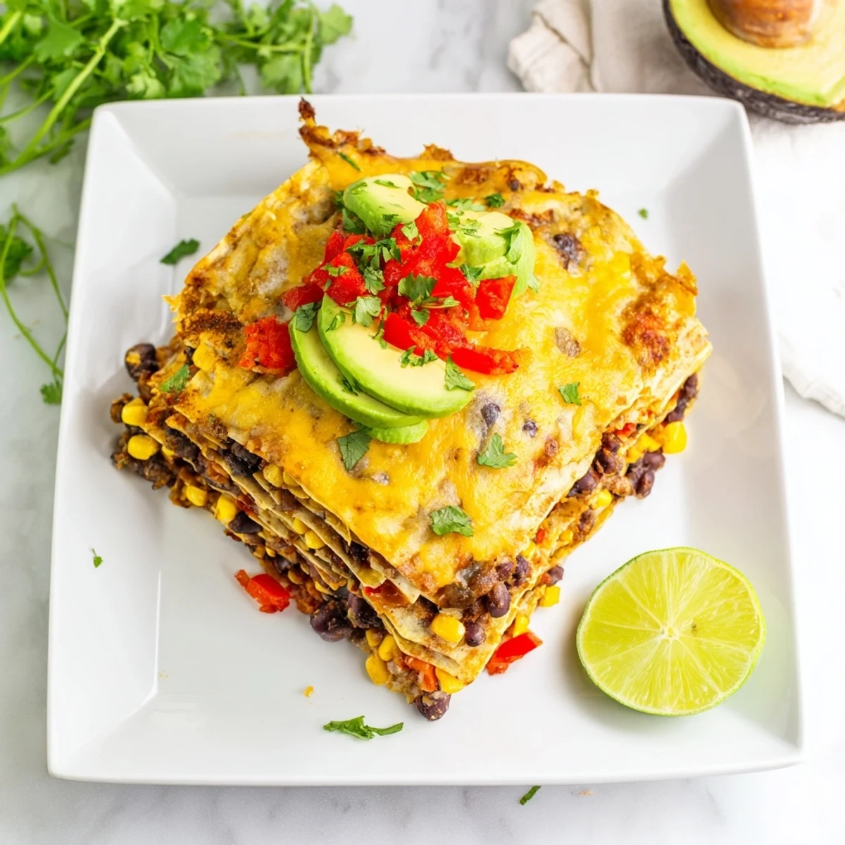 This easy Quick Black Bean and Corn Tortilla Casserole shows melted cheese and flavorful layers ready to serve.