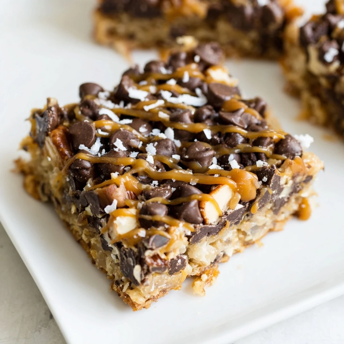 Sea salt caramel drizzled over a pan of warm, chewy 7-Layer Magic Bars for a delightful treat.