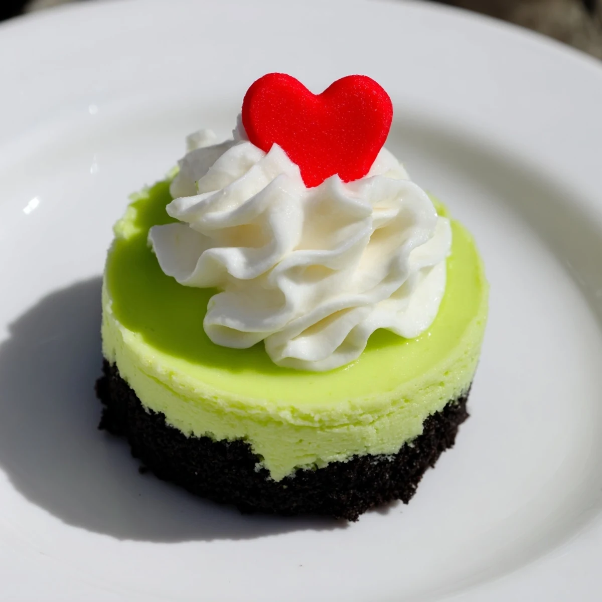 Festive Grinch Mini Cheesecakes with a creamy neon filling, perfect for a Christmas dessert table.