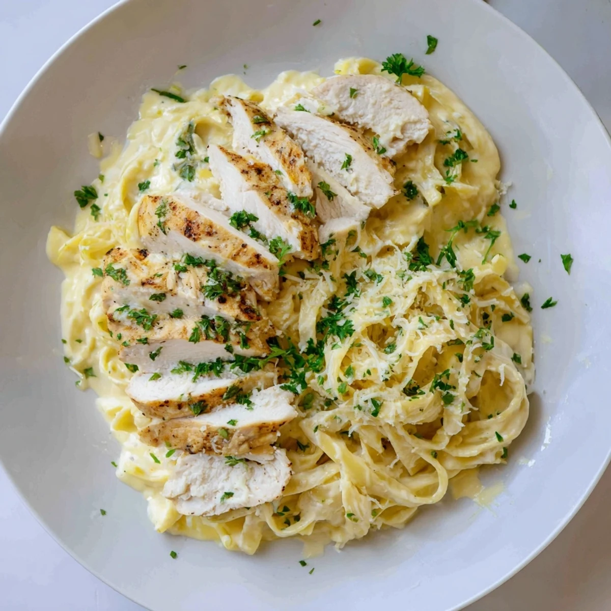 Golden slices of Cajun Chicken Alfredo Fettuccine Pasta are tossed in a creamy, cheesy sauce, ready to serve.