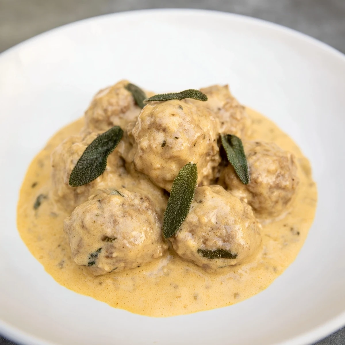 A close-up of steaming Turkey Meatballs in Pumpkin Sage Sauce, ready for serving with pasta.