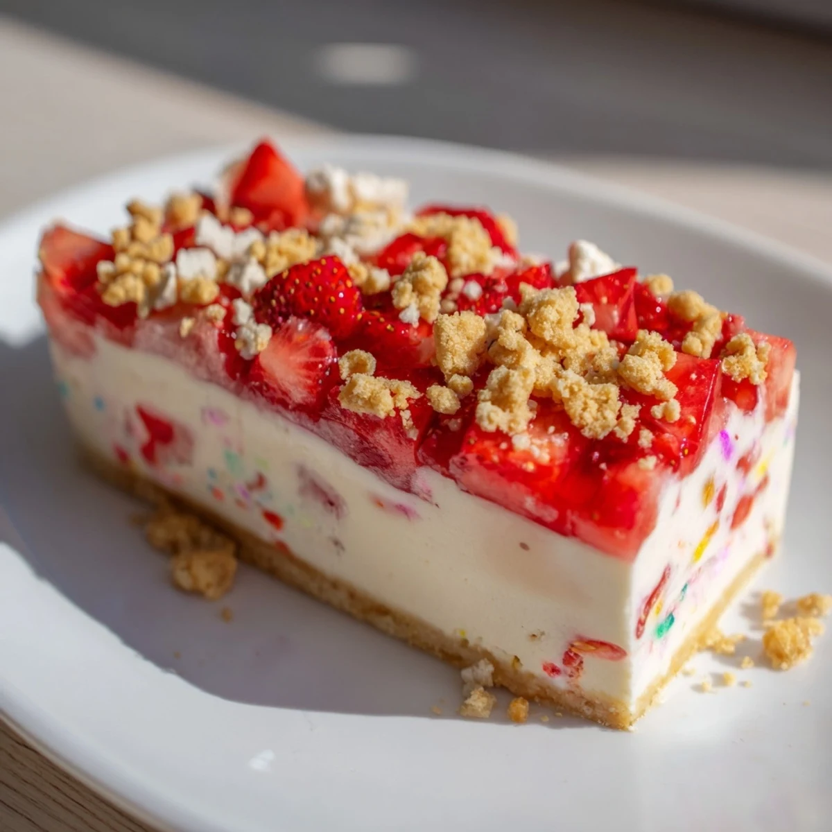 This tempting photo presents a whole Strawberry Shortcake Cheesecake, ready to slice with a cookie crumble.
