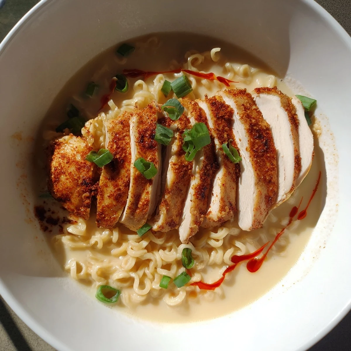 A close-up view of the rich, red Fiery Chicken Ramen, highlighting the savory garlic sauce and glistening noodles.