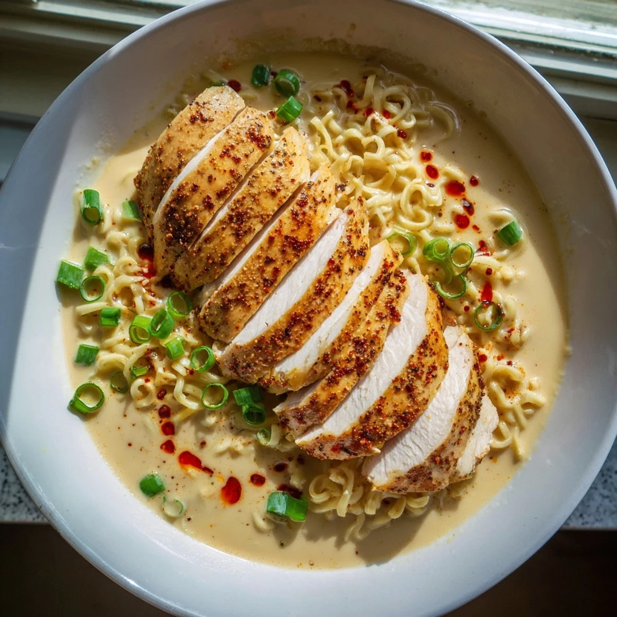 Steaming bowl of Fiery Chicken Ramen, showcasing tender chicken in a creamy garlic broth, garnished with green onions.