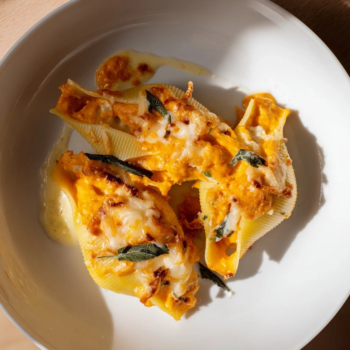 Golden-brown Pumpkin & Gouda Stuffed Shells, bubbling with cheese, ready for a cozy Italian-American dinner.