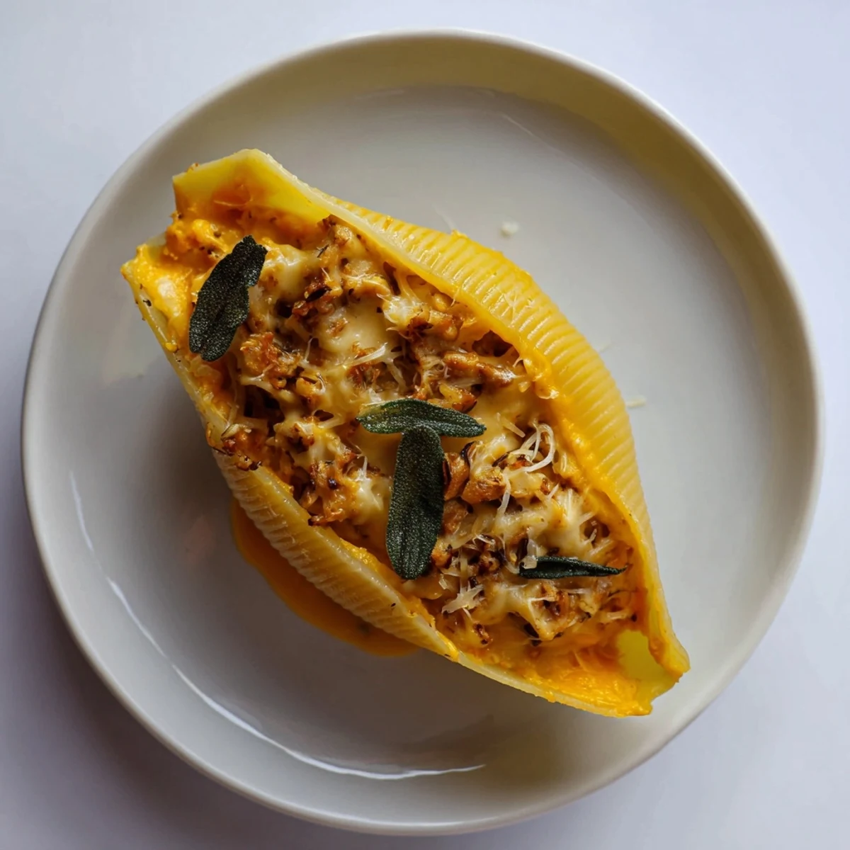 Picture perfect Pumpkin & Gouda Stuffed Shells served with fresh sage; a vegetarian comfort food classic.