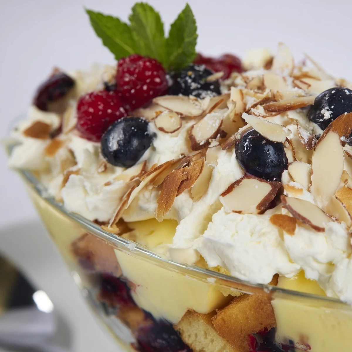 Image of layered Simplified Christmas Trifle Cups showcasing fresh berries and whipped cream peaks.