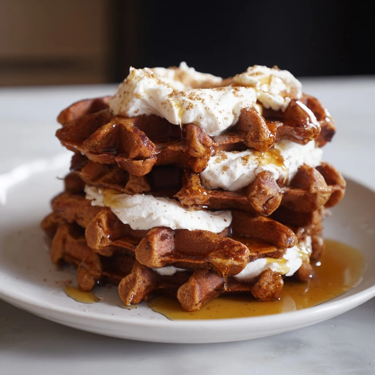 Warm, spiced Express Gingerbread Waffle Stacks, layered high with whipped cream and maple syrup.