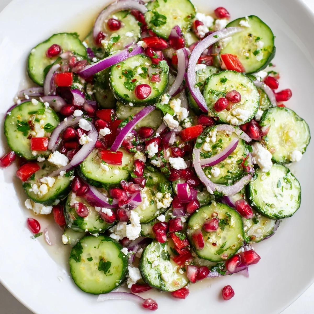 Refreshing Healthy Cucumber Christmas Salad: showcasing sliced cucumbers, red pepper, and a tangy lemon dressing.