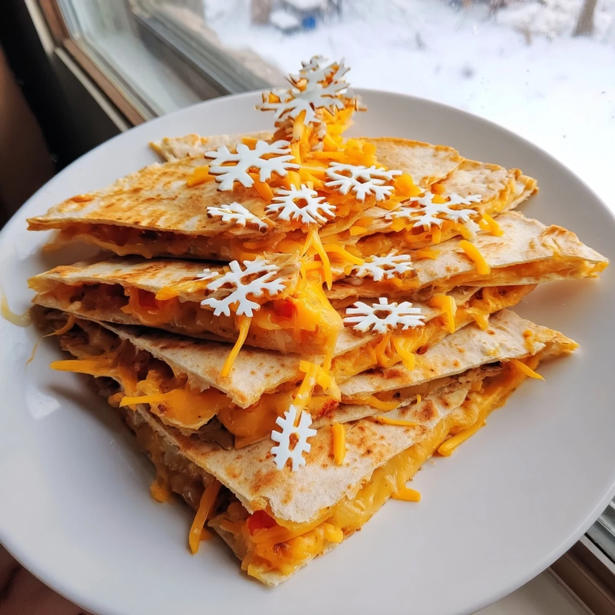 Deliciously melted cheese spills from these Express Snowflake Quesadillas, ready to be cut and enjoyed.