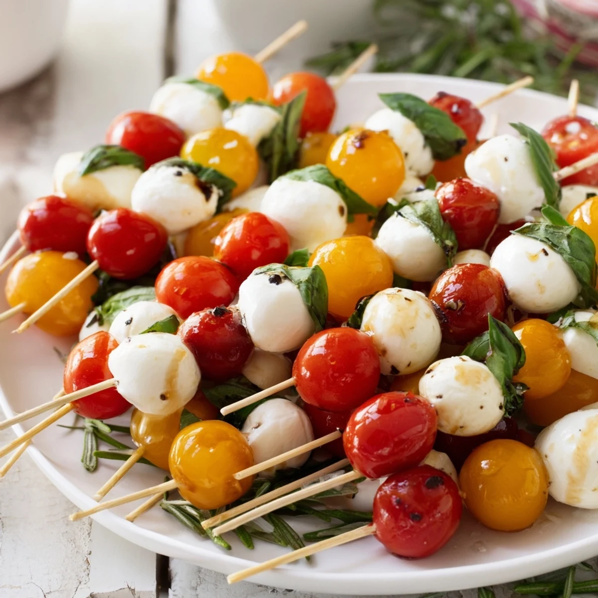 Easy Christmas Tree Caprese Skewers arranged on a platter, showcasing vibrant cherry tomatoes and mozzarella balls.