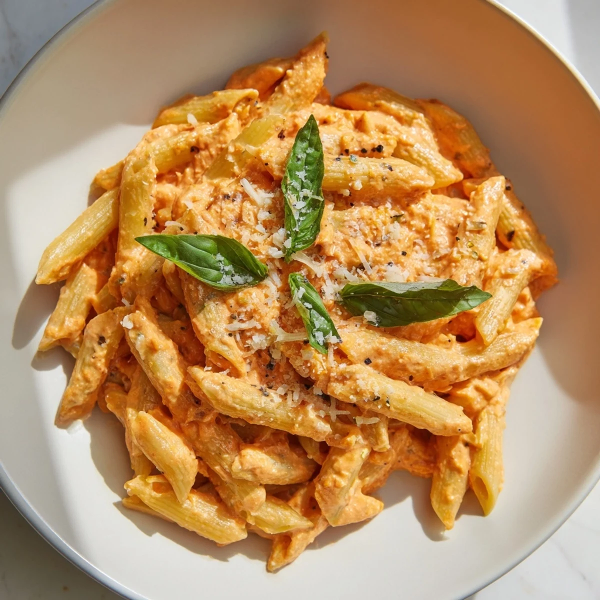 Close-up of the delicious 15-Minute Creamy Red Pepper Pasta, topped generously with Parmesan cheese.