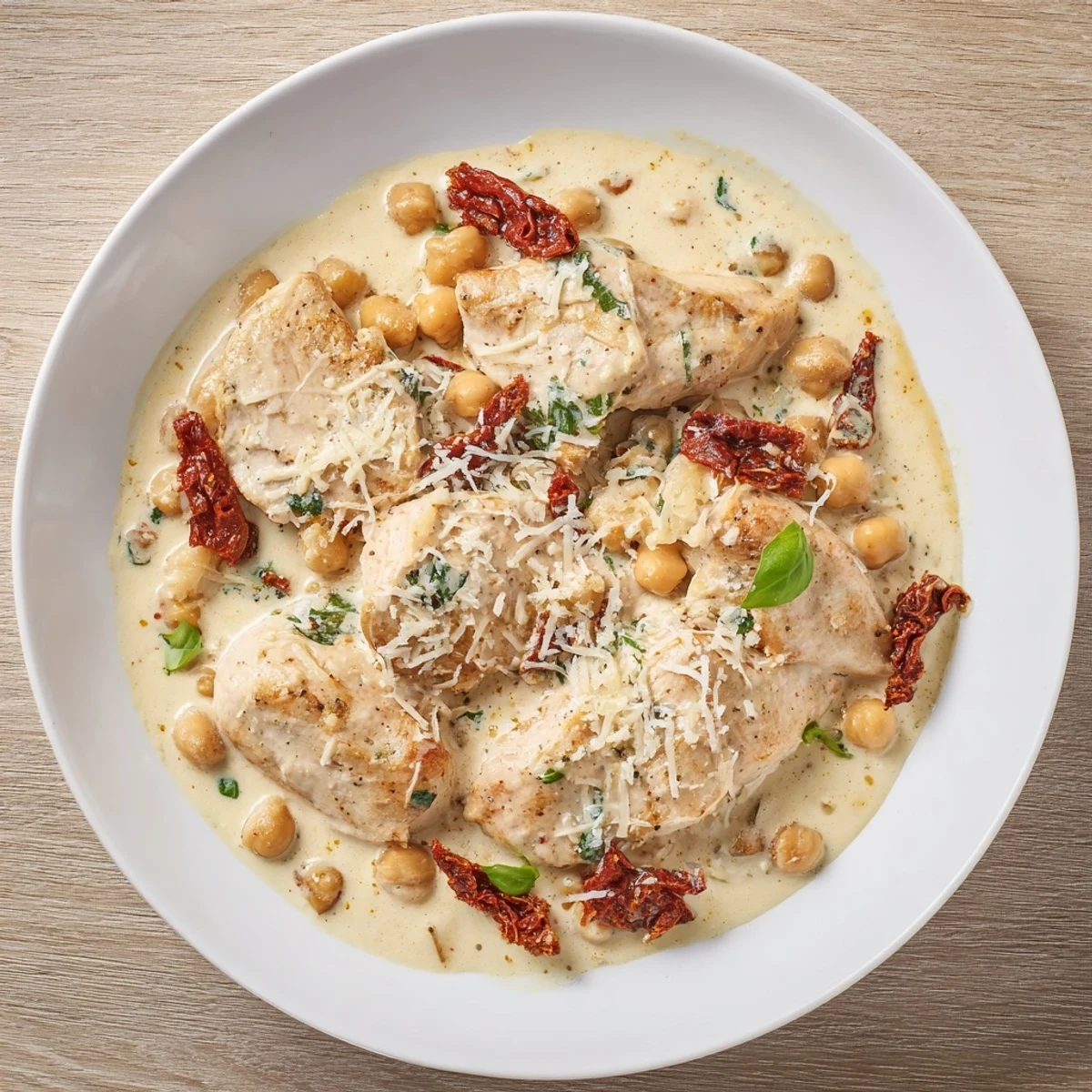 Tender High-Protein Marry Me Chicken and Chickpeas, creamy sauce glistening over golden-brown chicken and chickpeas.