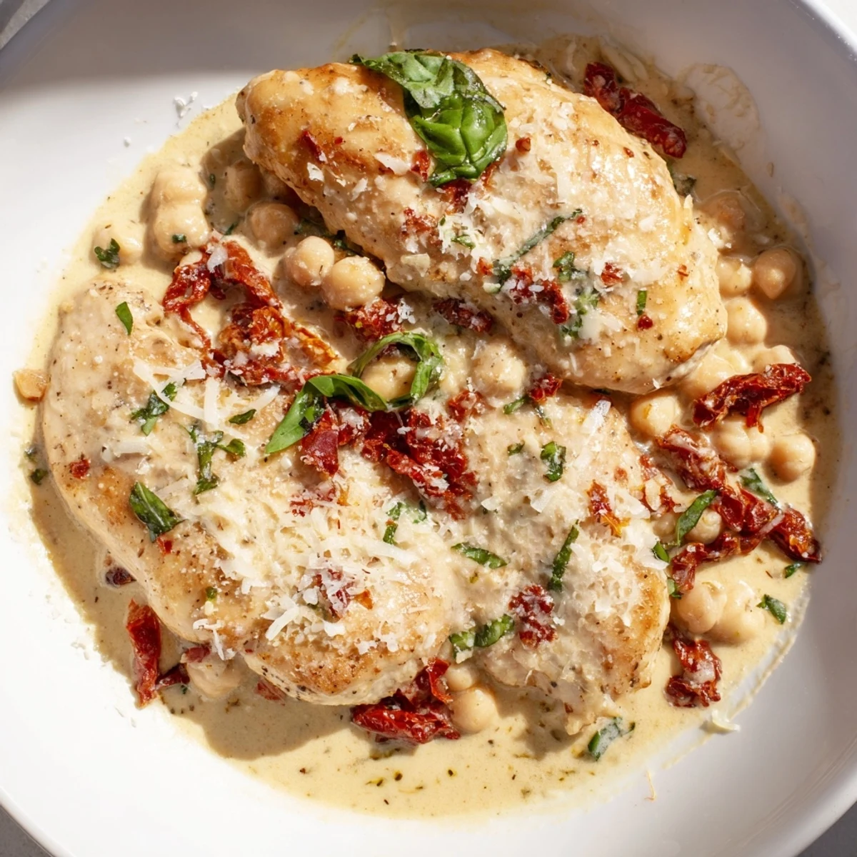 A steaming skillet of High-Protein Marry Me Chicken and Chickpeas, garnished with fresh herbs and ready to serve.