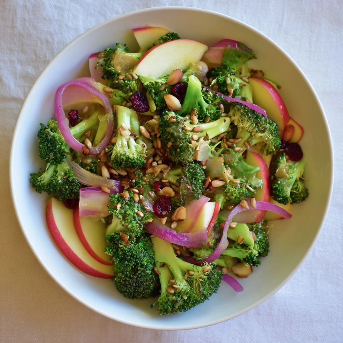 Delicious Broccoli and Apple Hot Girl Salad with crunchy almonds and a zesty, light dressing.