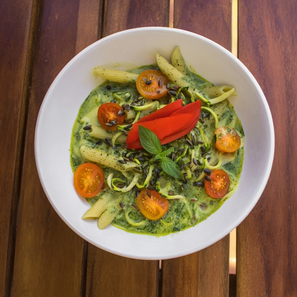 Creamy Vegan Green Goddess Pasta with blended spinach, herbs, and avocado, ready to serve and enjoy.