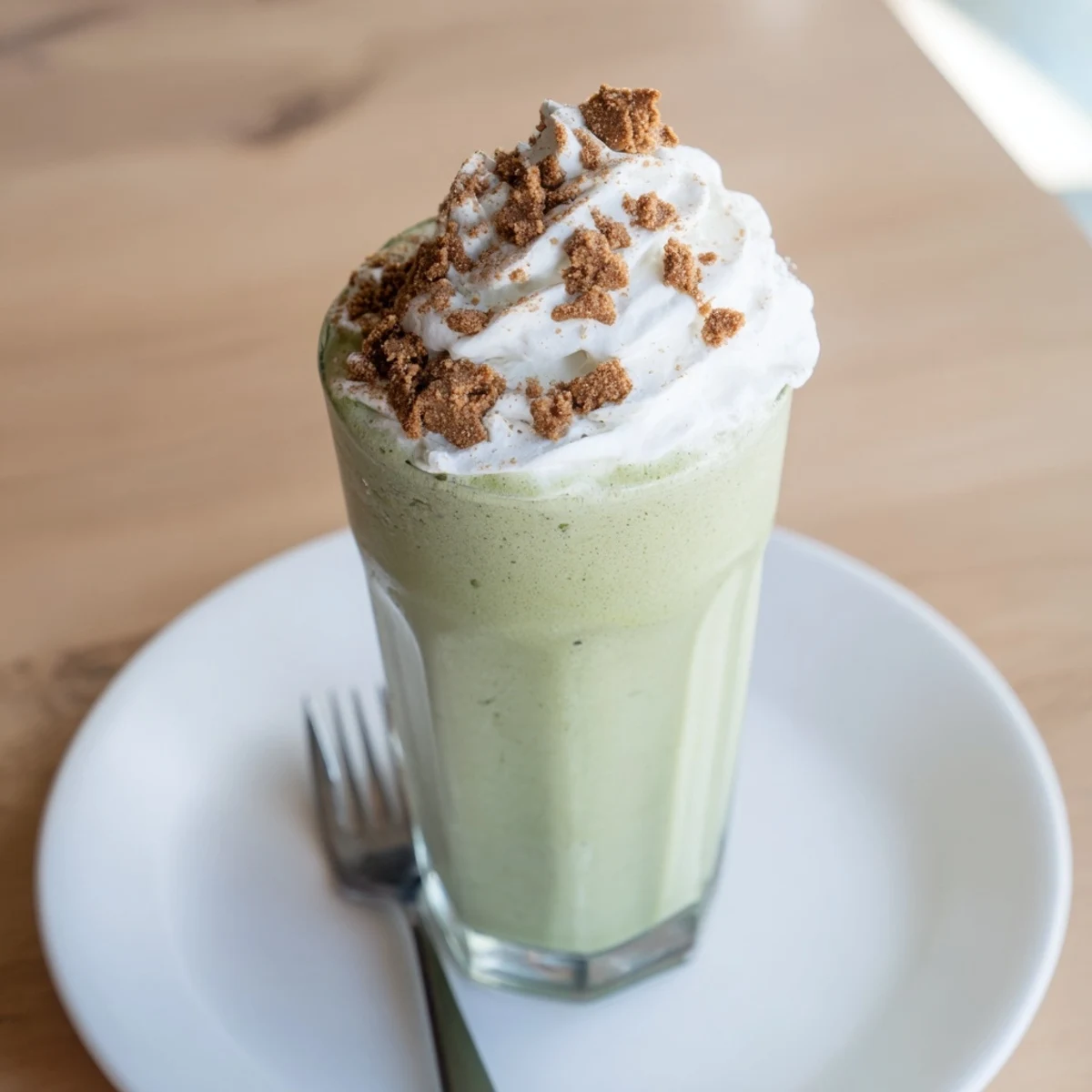 A layered shot showcases the creamy Sugar-Free Gingerbread Cookie Matcha Frappe, a festive sugar-free beverage.