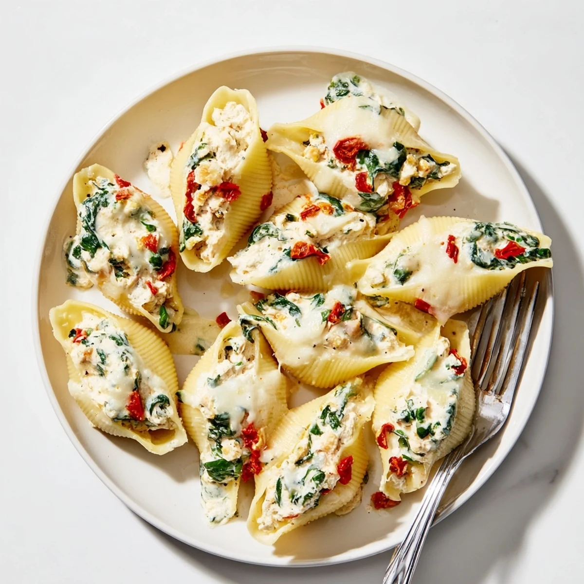 Festive High-Protein Cottage Cheese Alfredo Christmas Shells, a delicious holiday meal with turkey and spinach filling.