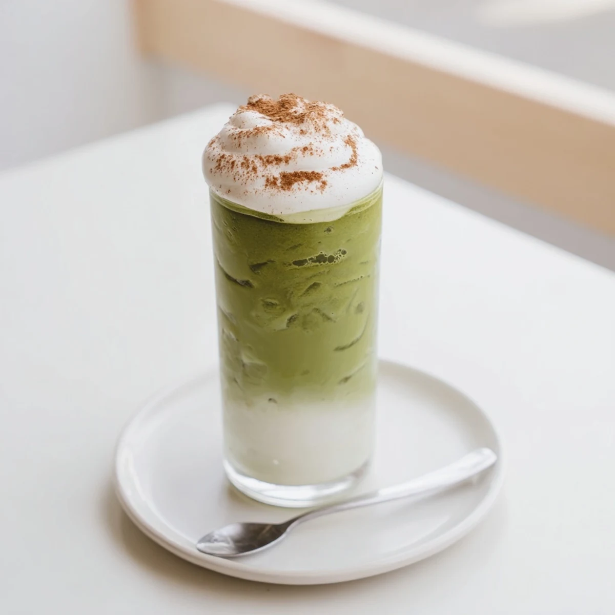 Iced Cinnamon Roll Matcha, creamy, refreshing, and topped with protein foam, drizzled for visual appeal.