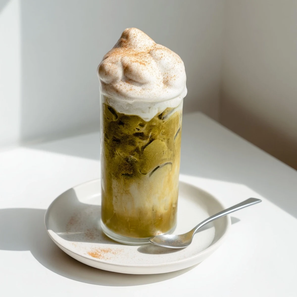 Enjoy a layered Iced Cinnamon Roll Matcha with a fluffy protein foam, a delightful fusion beverage.